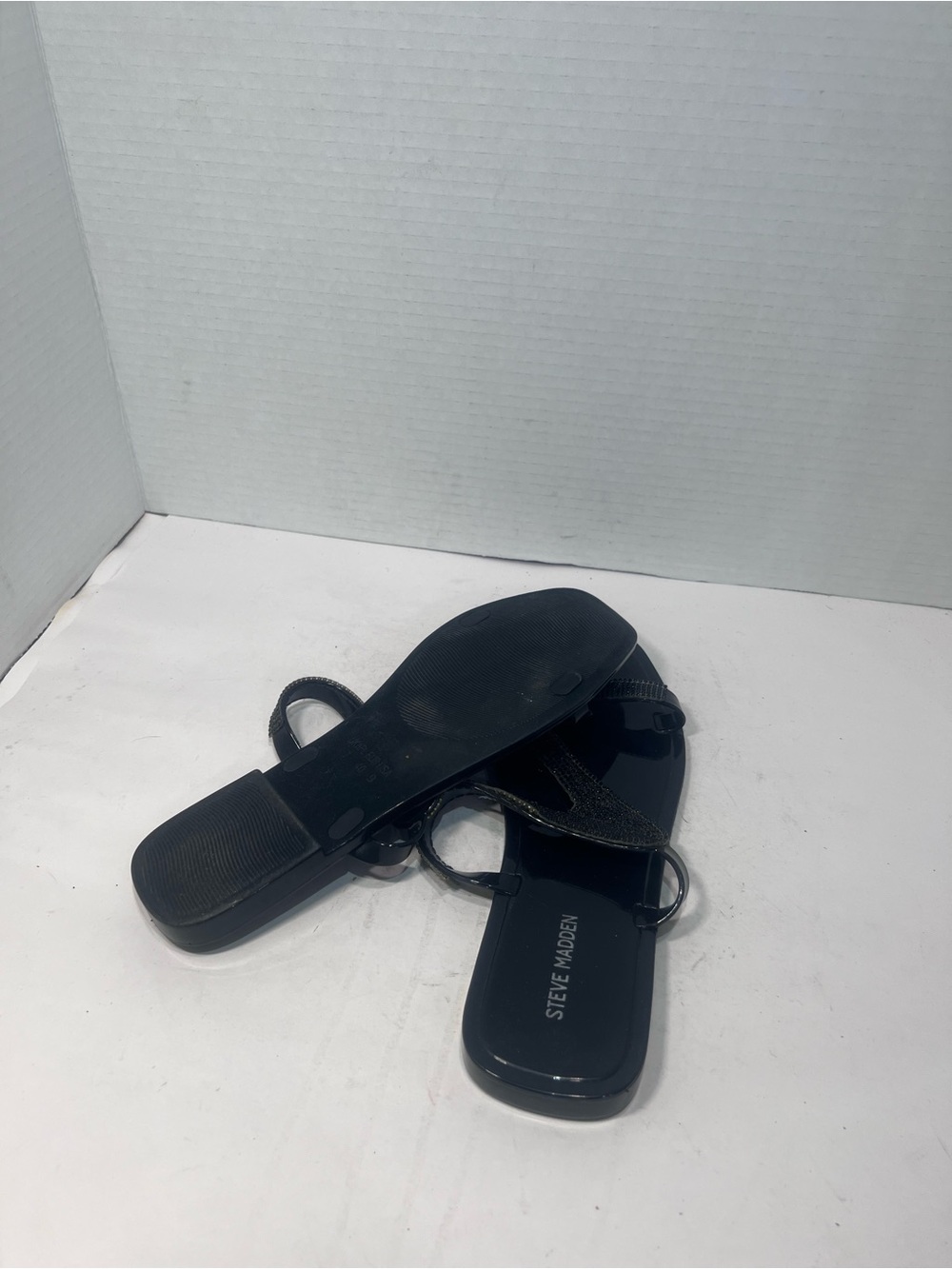 Steve Madden Black Rhinestone Cross-Strap Slide Sandals - Picture 5 of 5